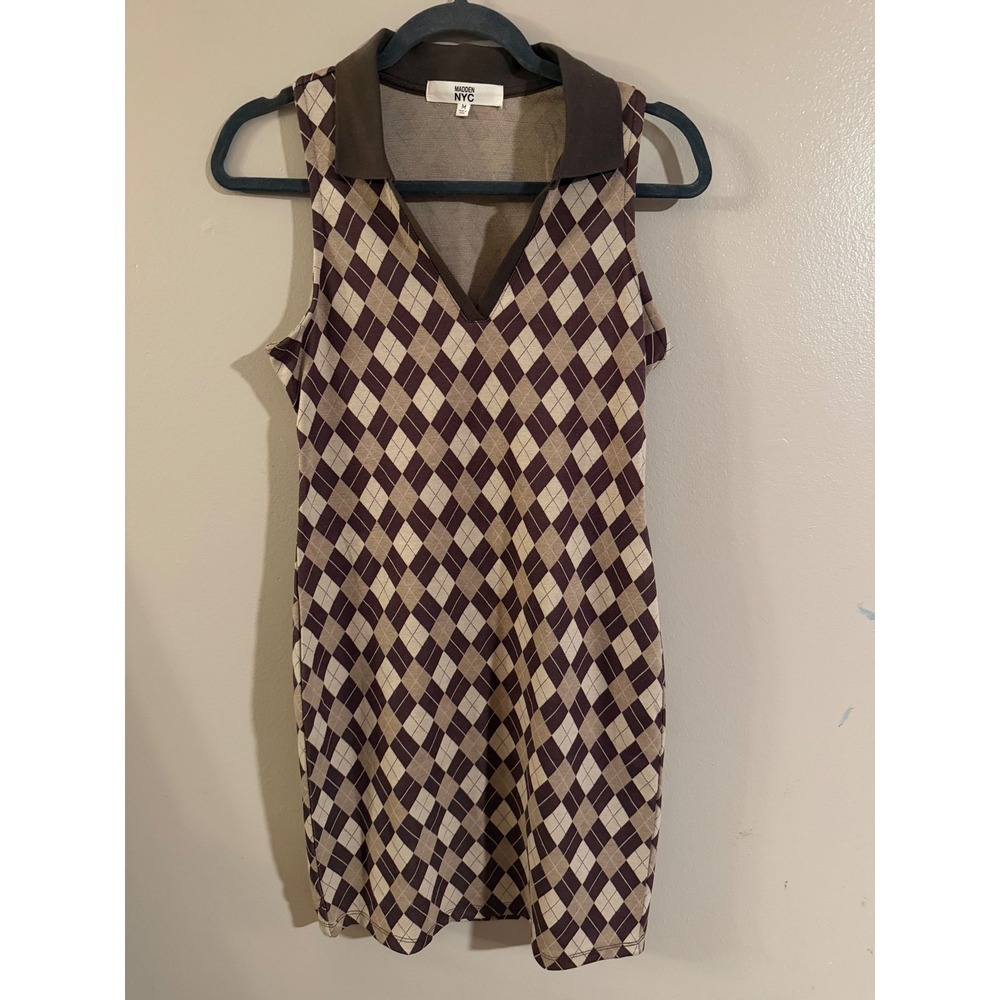 Madden NYC Brown Argyle Sleeveless Collared Mini‎ Dress Womens Medium Y2K Preppy